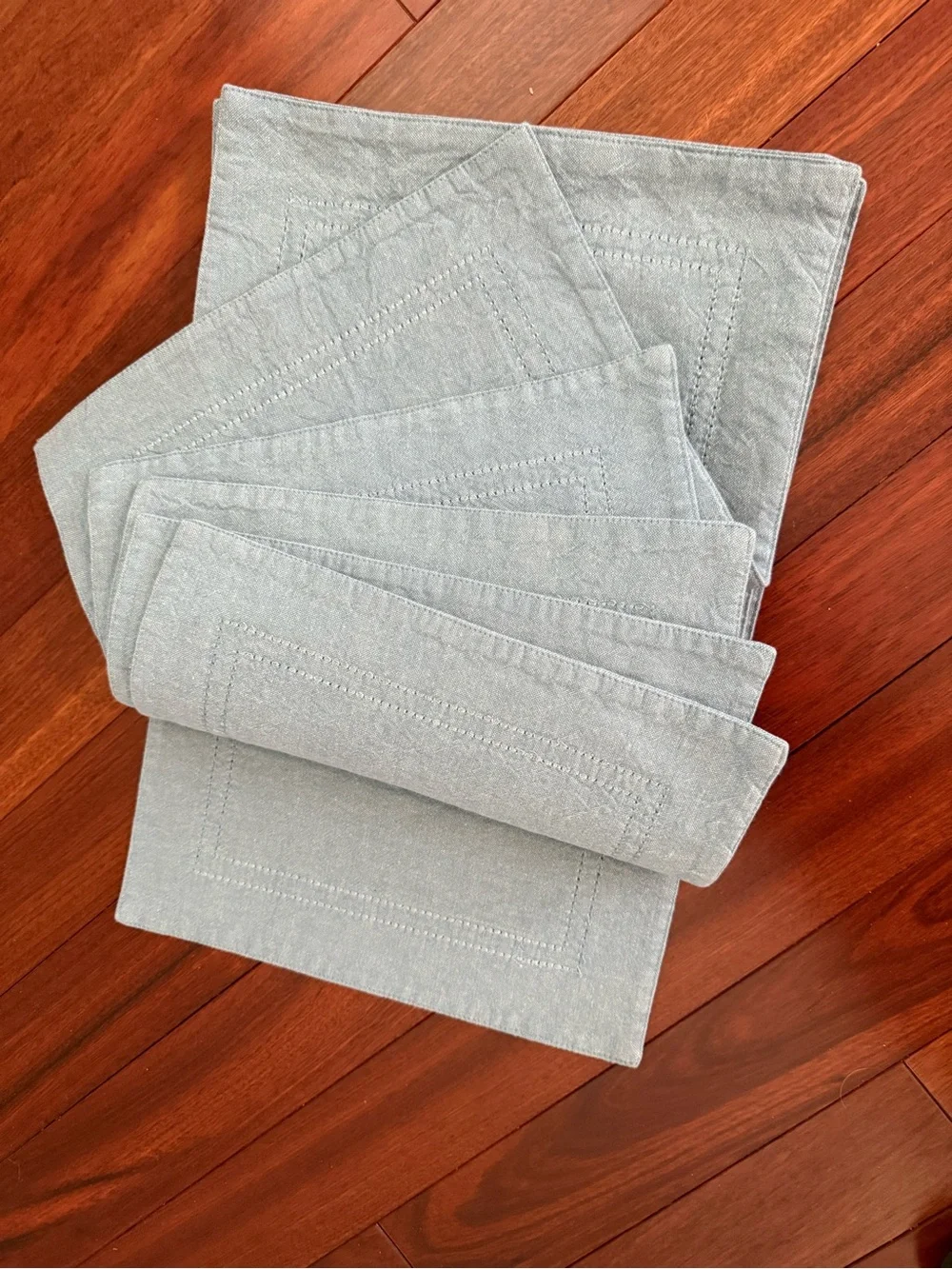 Chambray Denim Blue Placemats Cotton Stitched 18 X 12 Set Of 6